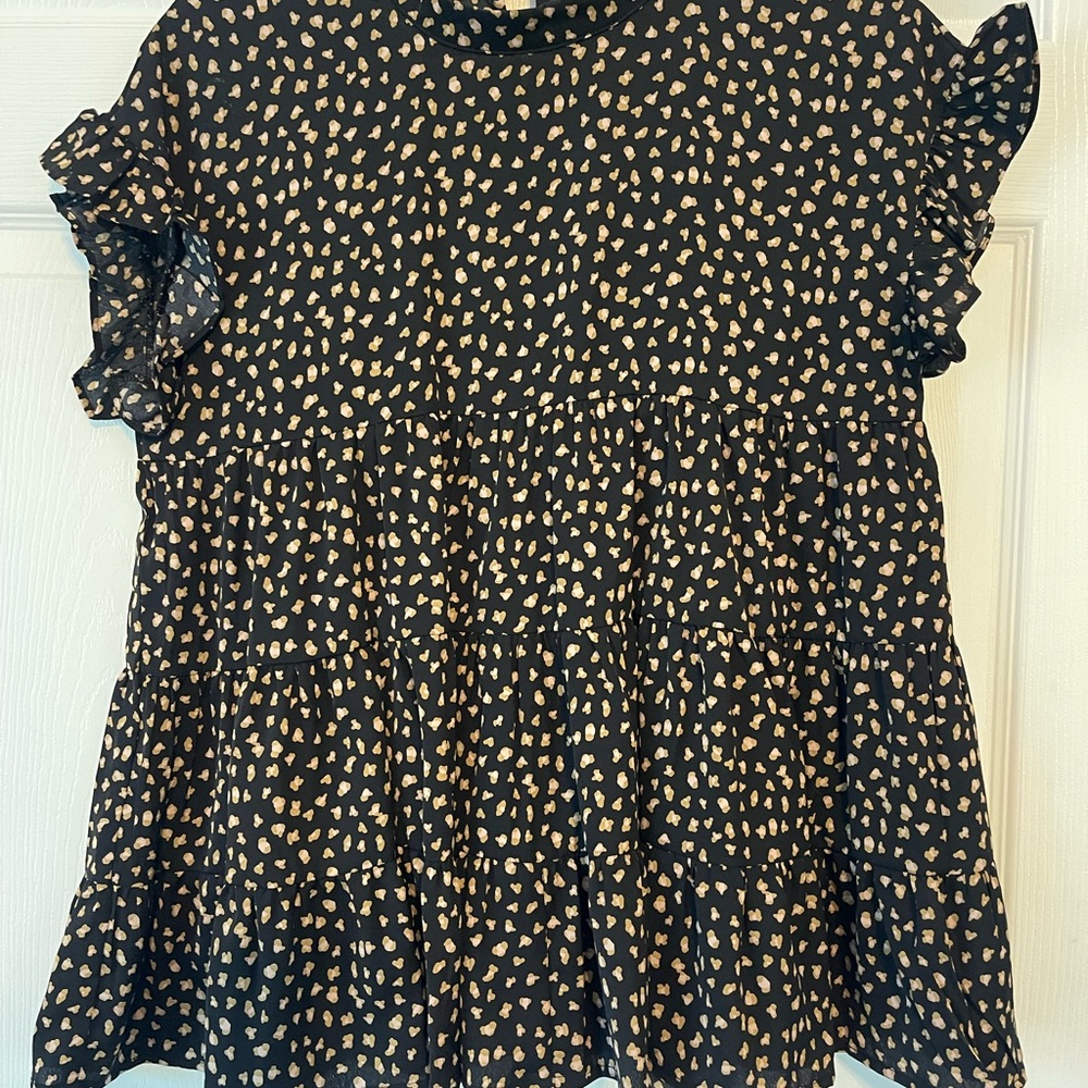 Elegant Black and Tan Ruffle Sleeve Blouse